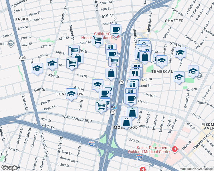 map of restaurants, bars, coffee shops, grocery stores, and more near in Oakland