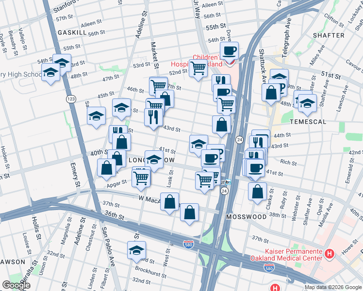 map of restaurants, bars, coffee shops, grocery stores, and more near 4117 West Street in Oakland