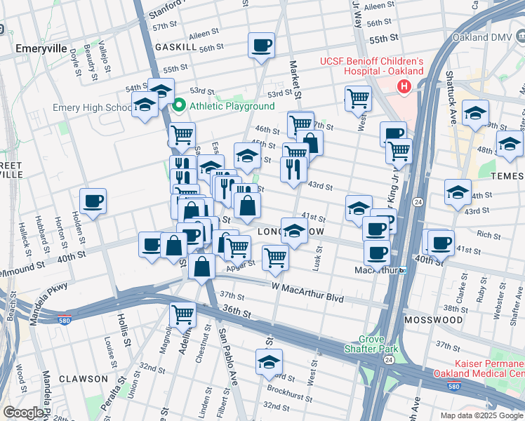 map of restaurants, bars, coffee shops, grocery stores, and more near 961 41st Street in Oakland