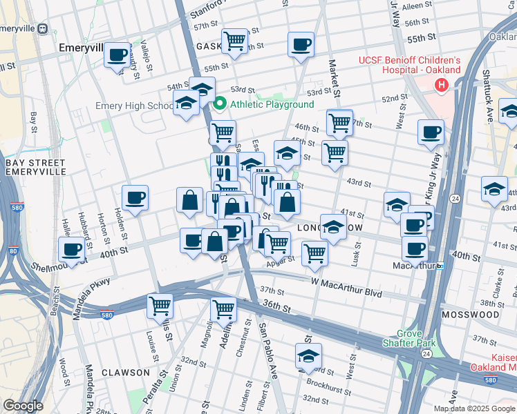 map of restaurants, bars, coffee shops, grocery stores, and more near 4070 San Pablo Avenue in Emeryville