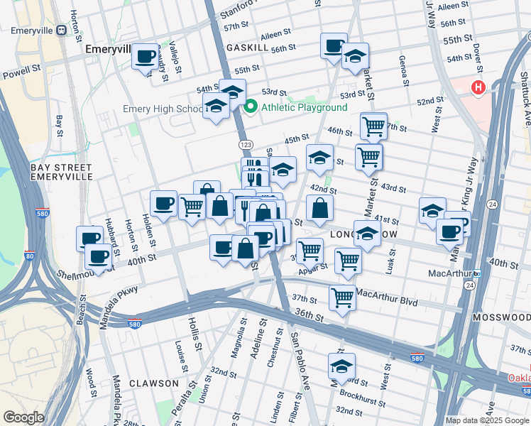 map of restaurants, bars, coffee shops, grocery stores, and more near in Emeryville