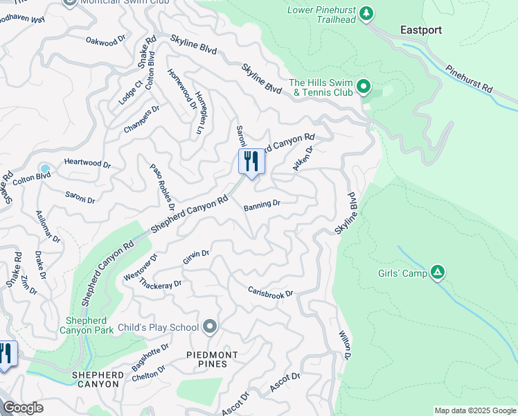 map of restaurants, bars, coffee shops, grocery stores, and more near 6684 Banning Drive in Oakland