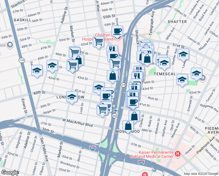 map of restaurants, bars, coffee shops, grocery stores, and more near in Oakland