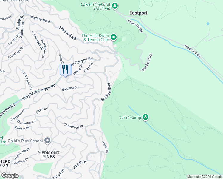 map of restaurants, bars, coffee shops, grocery stores, and more near 8490 Skyline Boulevard in Oakland