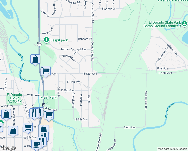 map of restaurants, bars, coffee shops, grocery stores, and more near 705 East 12th Avenue in El Dorado