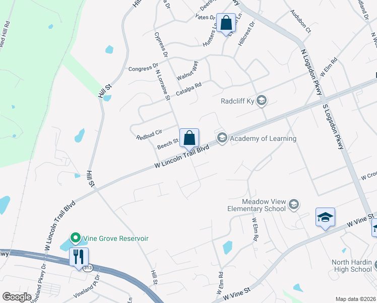 map of restaurants, bars, coffee shops, grocery stores, and more near 1601 West Lincoln Trail Boulevard in Radcliff