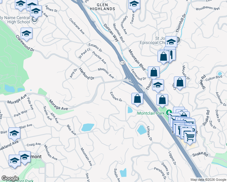 map of restaurants, bars, coffee shops, grocery stores, and more near 5862 Estates Drive in Piedmont