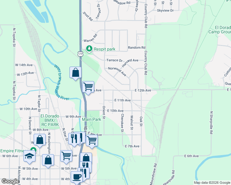 map of restaurants, bars, coffee shops, grocery stores, and more near 1218 Osage Street in El Dorado