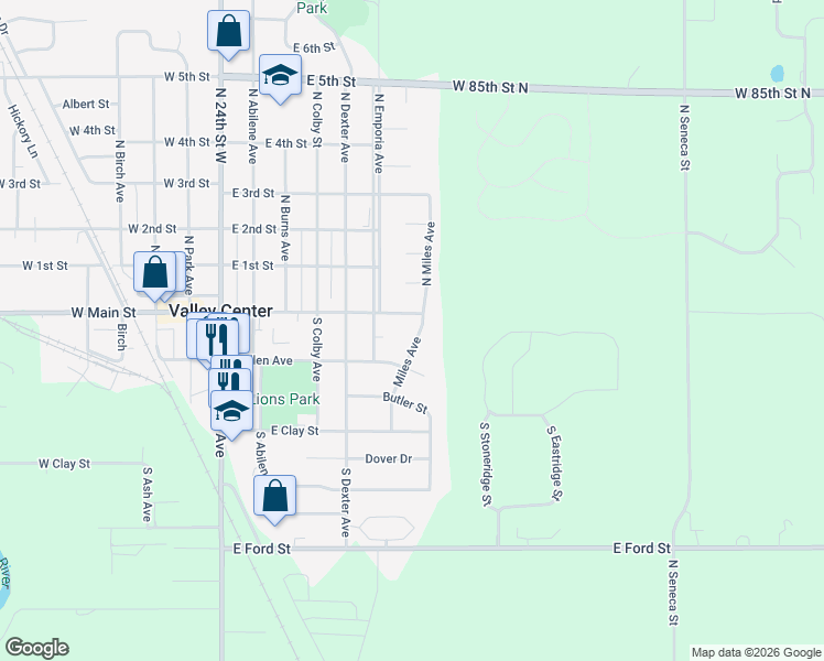 map of restaurants, bars, coffee shops, grocery stores, and more near 133 Miles Avenue in Valley Center