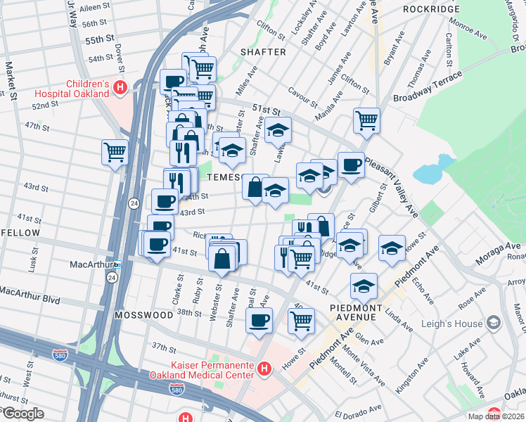 map of restaurants, bars, coffee shops, grocery stores, and more near 4222 Shafter Avenue in Oakland