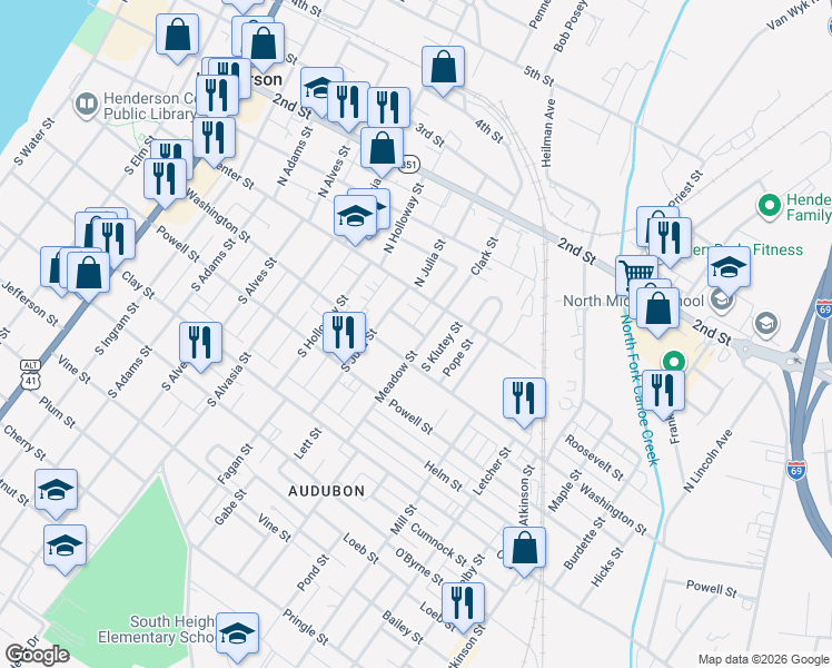 map of restaurants, bars, coffee shops, grocery stores, and more near 1035 Washington Street in Henderson