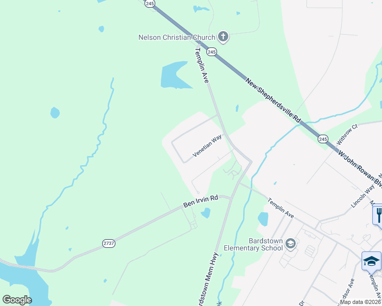 map of restaurants, bars, coffee shops, grocery stores, and more near 100-138 Venetian Way in Bardstown