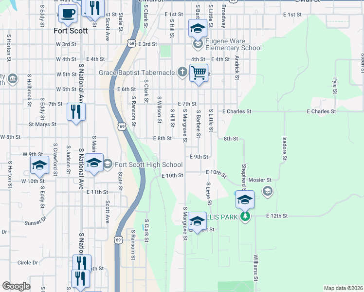 map of restaurants, bars, coffee shops, grocery stores, and more near 819 South Margrave Street in Fort Scott