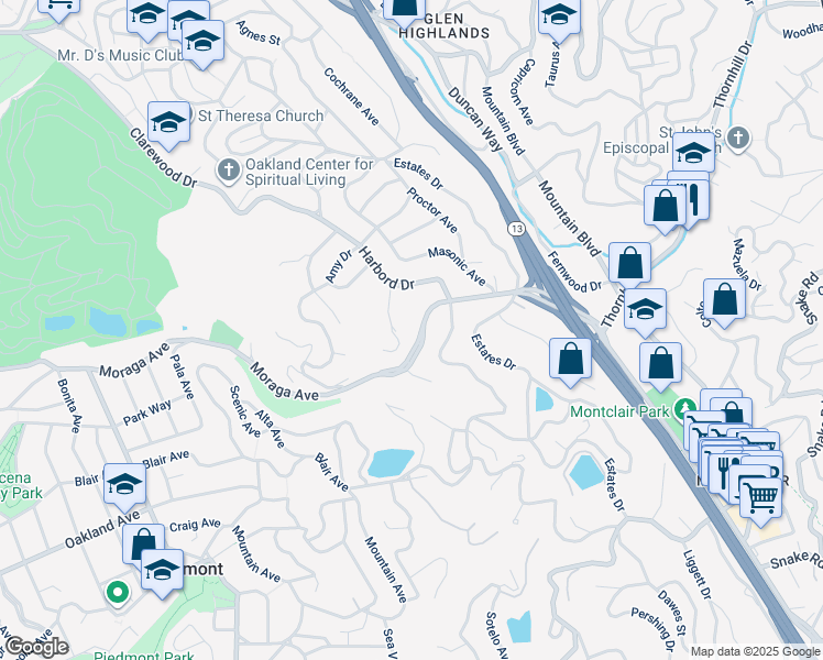 map of restaurants, bars, coffee shops, grocery stores, and more near 5630 Moraga Avenue in Piedmont