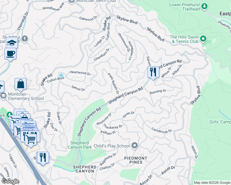 map of restaurants, bars, coffee shops, grocery stores, and more near 6 Bishop Court in Oakland