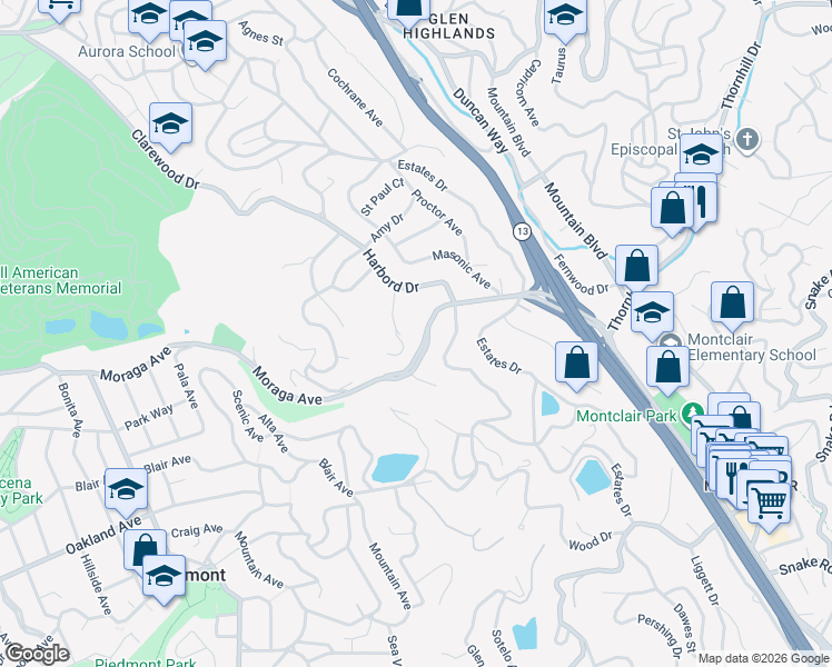 map of restaurants, bars, coffee shops, grocery stores, and more near 84 Templar Place in Oakland