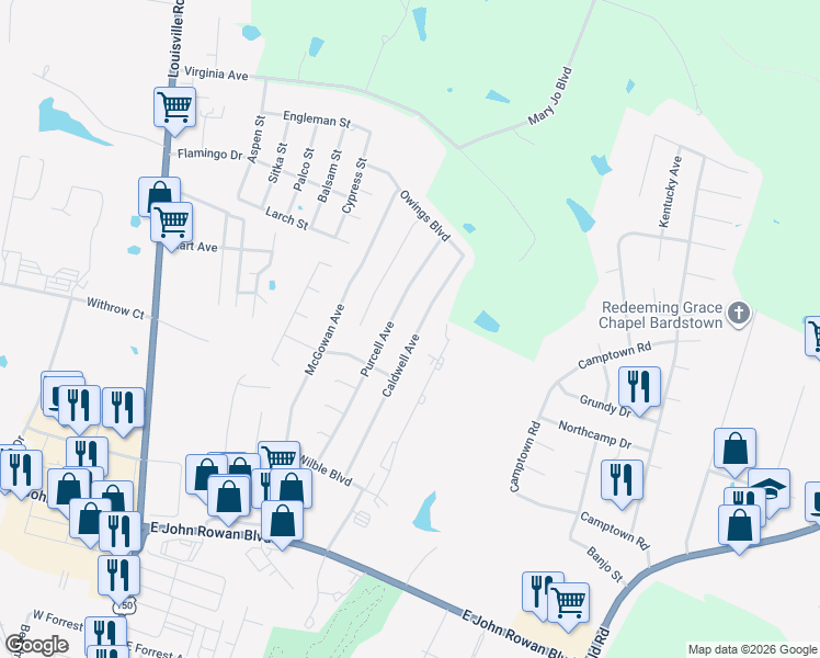 map of restaurants, bars, coffee shops, grocery stores, and more near 165 Caldwell Ave in Bardstown