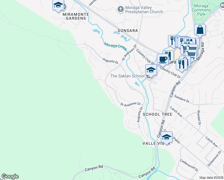 map of restaurants, bars, coffee shops, grocery stores, and more near 1828 Saint Andrews Drive in Moraga