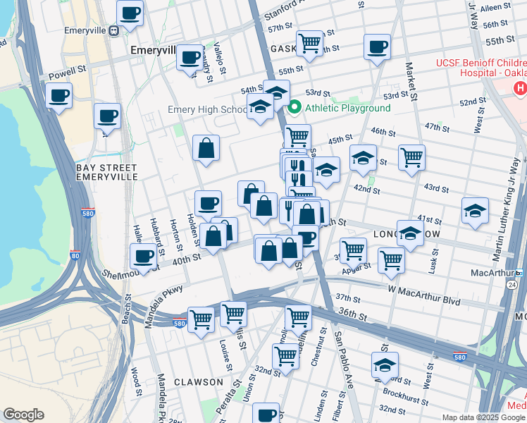 map of restaurants, bars, coffee shops, grocery stores, and more near 1201 Park Avenue in Emeryville