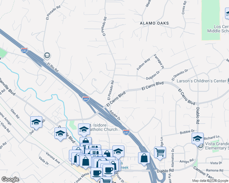 map of restaurants, bars, coffee shops, grocery stores, and more near 460 El Pintado Road in Danville