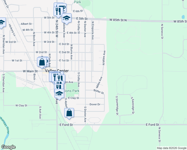 map of restaurants, bars, coffee shops, grocery stores, and more near 133 Miles Avenue in Valley Center