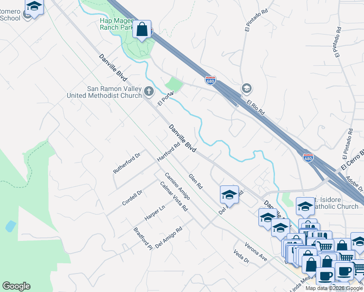 map of restaurants, bars, coffee shops, grocery stores, and more near 109 Hartford Road in Danville