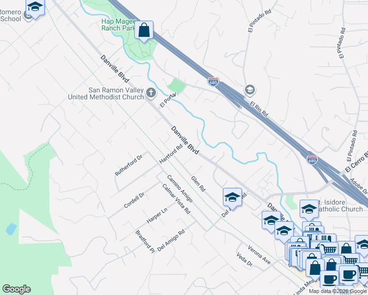map of restaurants, bars, coffee shops, grocery stores, and more near 101 Hartford Road in Danville
