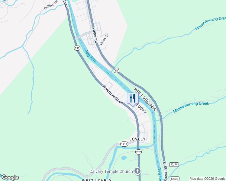 map of restaurants, bars, coffee shops, grocery stores, and more near Riverfront Road in Beauty