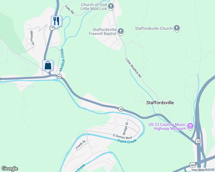 map of restaurants, bars, coffee shops, grocery stores, and more near 1621 Highway 40 in Staffordsville
