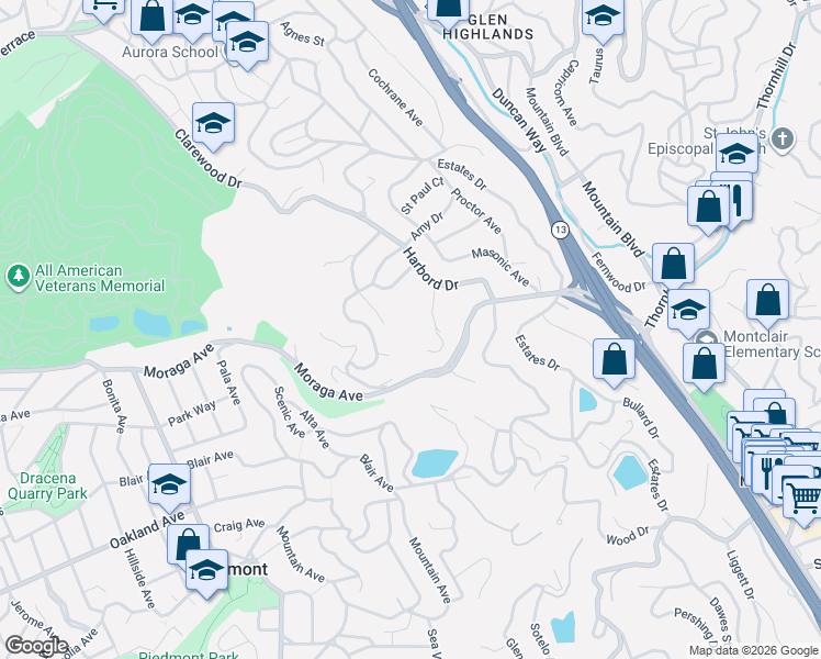 map of restaurants, bars, coffee shops, grocery stores, and more near 79 Templar Place in Oakland