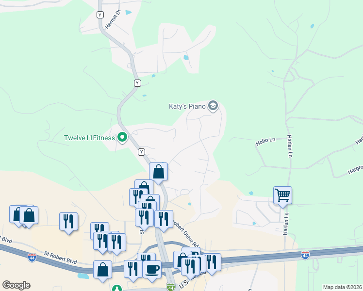 map of restaurants, bars, coffee shops, grocery stores, and more near 113 Brush Creek Parkway in Saint Robert