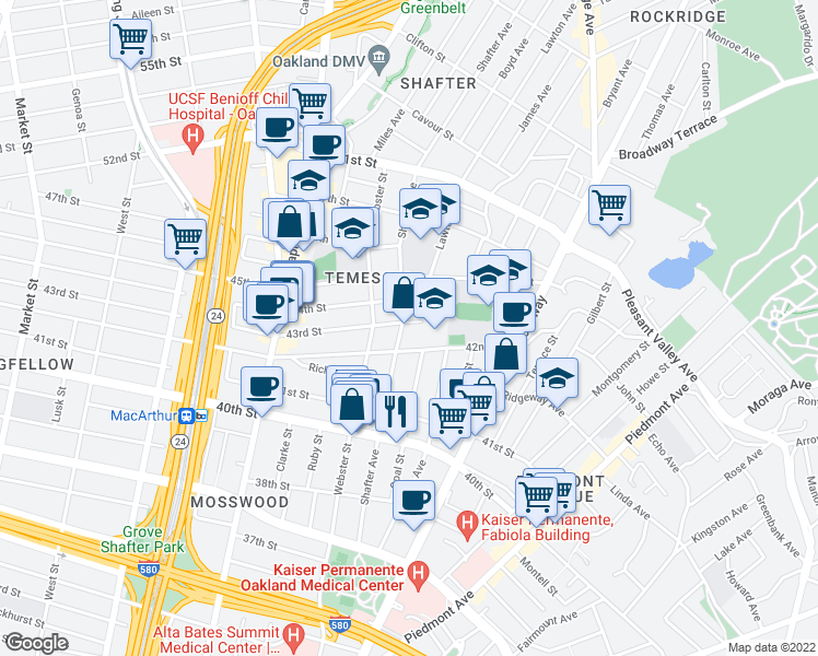 map of restaurants, bars, coffee shops, grocery stores, and more near 393 43rd Street in Oakland