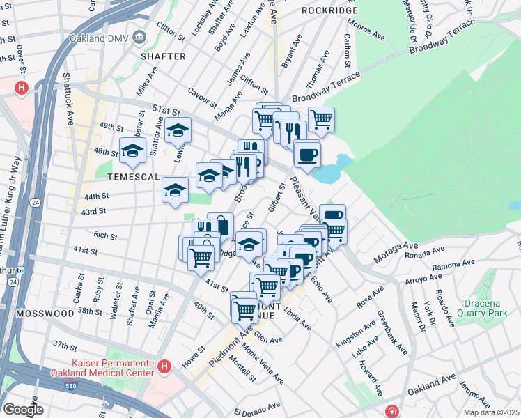 map of restaurants, bars, coffee shops, grocery stores, and more near 287 Mather Street in Oakland
