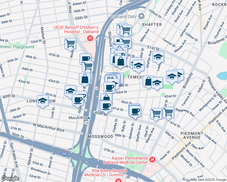 map of restaurants, bars, coffee shops, grocery stores, and more near in Oakland