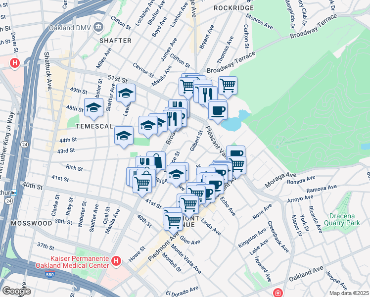 map of restaurants, bars, coffee shops, grocery stores, and more near 287 Mather Street in Oakland