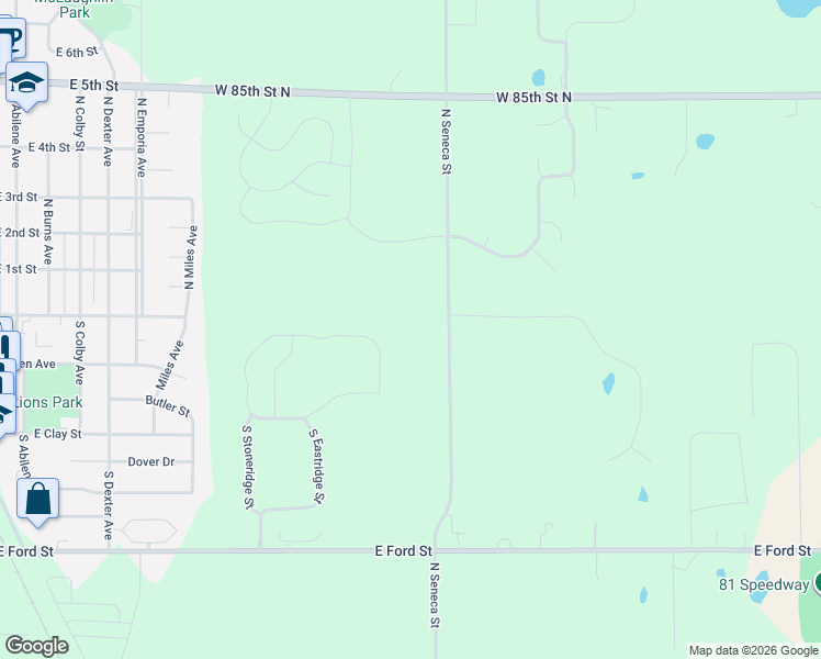 map of restaurants, bars, coffee shops, grocery stores, and more near 8005 North Seneca Street in Valley Center