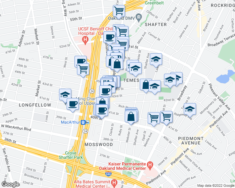 map of restaurants, bars, coffee shops, grocery stores, and more near 478 43rd Street in Oakland