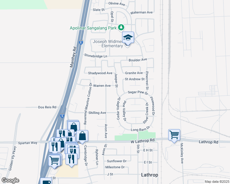 map of restaurants, bars, coffee shops, grocery stores, and more near 14201 Jasper Street in Lathrop