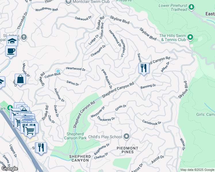 map of restaurants, bars, coffee shops, grocery stores, and more near 6050 Balboa Drive in Oakland