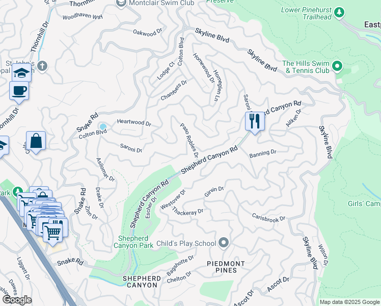 map of restaurants, bars, coffee shops, grocery stores, and more near 6050 Balboa Drive in Oakland