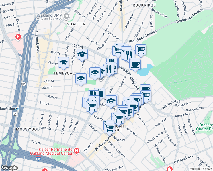 map of restaurants, bars, coffee shops, grocery stores, and more near 287 Mather Street in Oakland