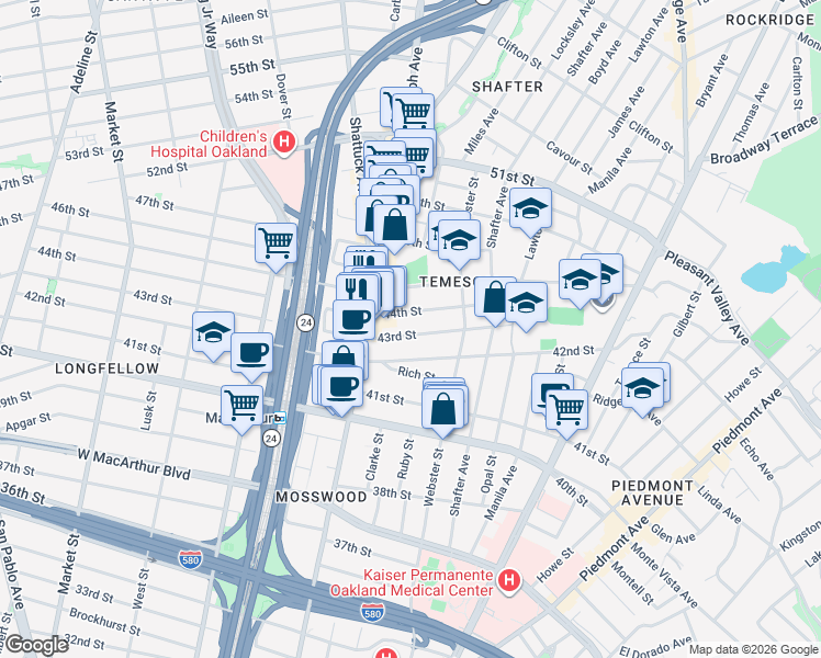 map of restaurants, bars, coffee shops, grocery stores, and more near in Oakland