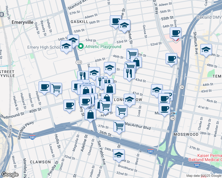map of restaurants, bars, coffee shops, grocery stores, and more near 4055 Linden Street in Oakland