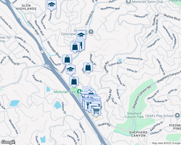 map of restaurants, bars, coffee shops, grocery stores, and more near 5958 Colton Boulevard in Oakland