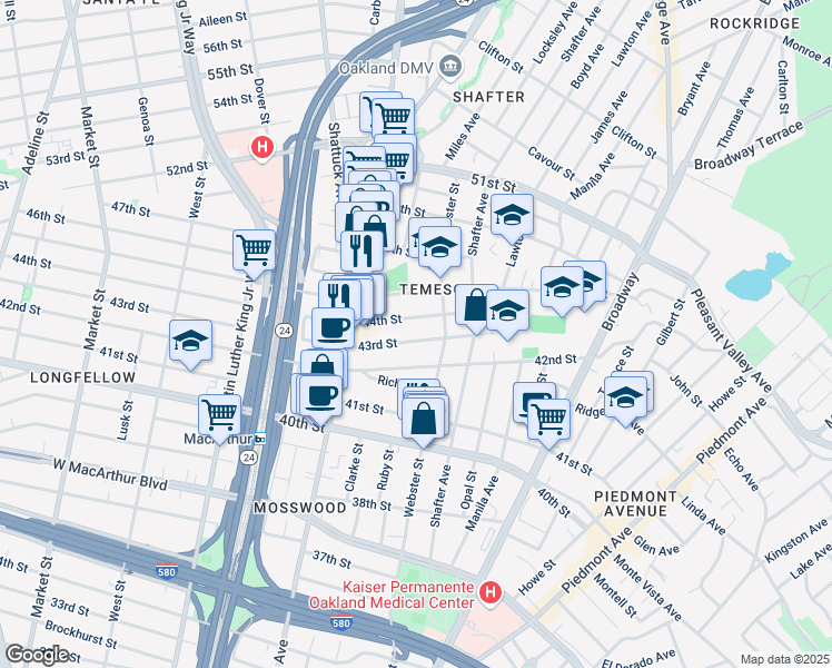 map of restaurants, bars, coffee shops, grocery stores, and more near 442 43rd Street in Oakland