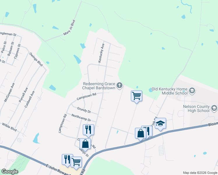 map of restaurants, bars, coffee shops, grocery stores, and more near 150-198 Atlantic Court in Bardstown