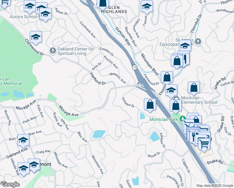 map of restaurants, bars, coffee shops, grocery stores, and more near 5765 Harbord Drive in Oakland