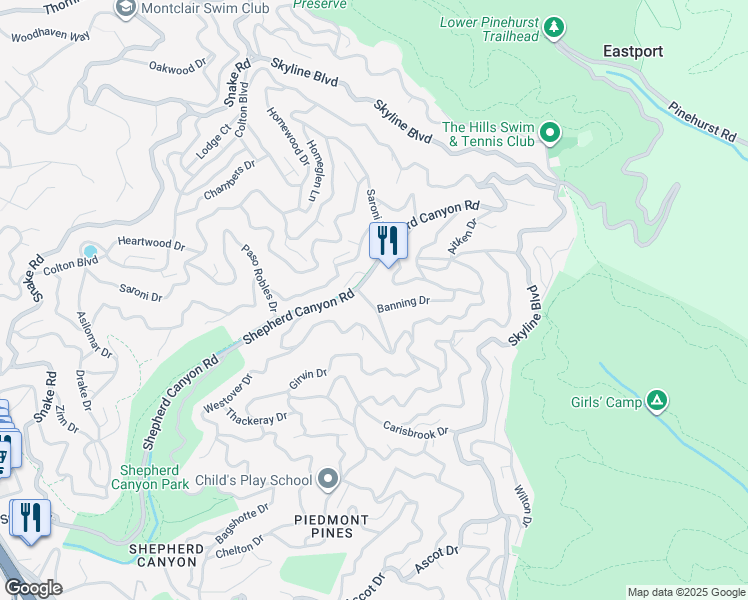 map of restaurants, bars, coffee shops, grocery stores, and more near 6635 Banning Drive in Oakland