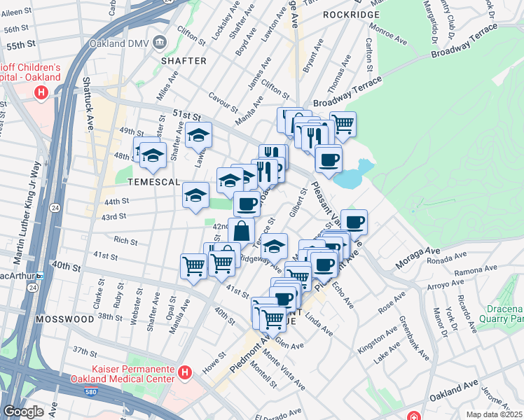 map of restaurants, bars, coffee shops, grocery stores, and more near 287 Mather Street in Oakland