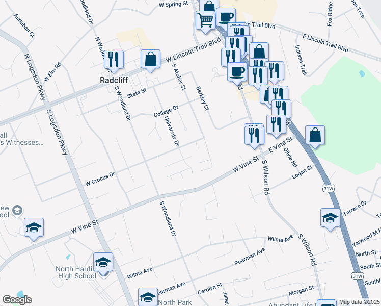 map of restaurants, bars, coffee shops, grocery stores, and more near 102 East Tuscany Court in Radcliff